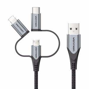 Vention USB 2.0 A Male to 3-in-1 Micro-B & USB-C & Lightning Male laidas 1 m, pilkos spalvos aliuminio lydinio tipo