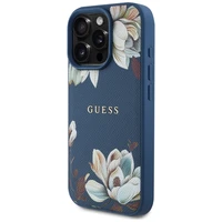 Guess Grained Printed Flower Pattern MagSafe dėklas telefonui iPhone 16 Pro mėlynas