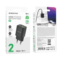 Borofone Sieninis įkroviklis BN14 Royal GaN - USB + Type C - QC 3.0 PD 30W juodas