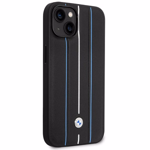 Dėklas BMW BMHCP14S22RVSK iPhone 14 6.1" juoda/juoda kietas dėklas Odinis Antspaudas Mėlynos Linijos