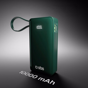 Išorinė baterija SBS 10000 mAh 20W su įmontuotu USB-C kabeliu ir skaitmenine indikacija - žalia
