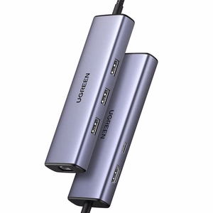 Ugreen CM512 15598 6in1 šakotuvas USB-C - 3x USB-A 3.0 / HDMI / RJ45 / USB-C PD - pilkas