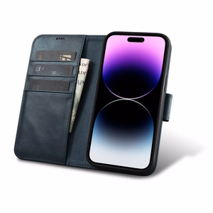 iCarer Aliejaus Vaško Piniginės Dėklas 2in1 Dangtelis iPhone 14 Pro Max Odinis Atverčiamas Dėklas Anti-RFID Mėlynas (WMI14220724-BU)