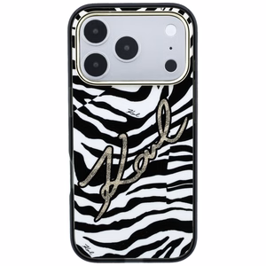 Karl Lagerfeld IML Signature Zebra Glitter MagSafe dėklas, skirtas iPhone 17 Pro / 18 Pro – auksinis