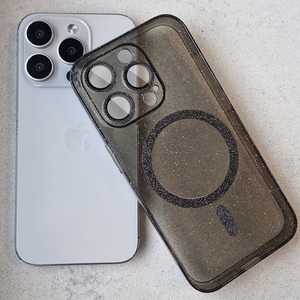Blizgus magnetinis dėklas telefonui Iphone 14 Pro juodas skaidrus