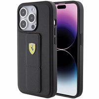Ferrari Grip Stand Metal Logo dėklas iPhone 15 Pro – juodas