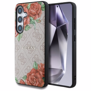 Guess odinis 4G gėlių rašto metalo klasikinis logotipas magnetinis dėklas telefonui Samsung Galaxy S25 - rožinis