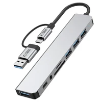 "Tech-Protect" HB06 HUB adapteris 8in1 TYPE-C + USB2.0 + USB3.0 + SD/TF + AV3.5 - pilkos spalvos