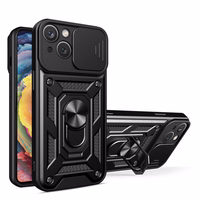 Hybrid Armor Camshield dėklas su stovu ir kameros dangteliu iPhone 15 Plus telefonui - juodas