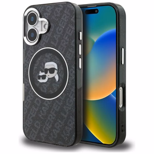 Karl Lagerfeld IML Glitter Karl & Choupette Heads Logo MagSafe Dėklas iPhone 16 - juodas