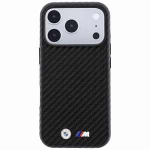 BMW dėklas, skirtas iPhone 18 Pro Max / 17 Pro Max: (Carbon Metal Logo), suderinamas su MagSafe, spalva – juoda