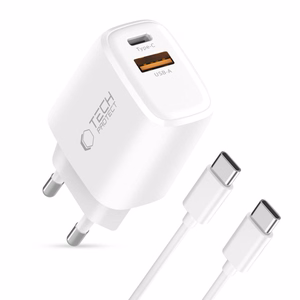 Tech-Protect NCA20 PD 20W QC3.0 USB-A / USB-C sieninis įkroviklis + USB-C / USB-C kabelis 100cm - baltas
