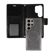 Glitter Magsafe knygos stiliaus dėklas Samsung Galaxy S22 Ultra juodas