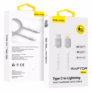 Blavec kabelis Raptor pintas - Type C į Lightning - PD 20W 2,4A 0,5 metro Apple CarPlay (CRA-CL24WS05) baltas sidabrinis