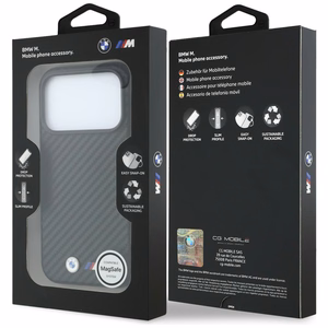 BMW dėklas, skirtas iPhone 18 Pro Max / 17 Pro Max: (Carbon Metal Logo), suderinamas su MagSafe, spalva – juoda