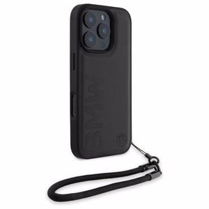 BMW Signature Leather Wordmark Cord Case for iPhone 16 Pro - Juodas