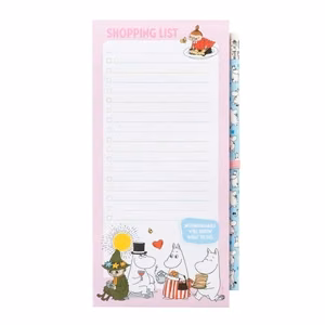 Moomins magnetinė pirkinių užrašinė šaldytuvui su pieštuku, 10 × 21 cm