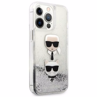 Karl Lagerfeld Skystas Glitter Karl&Choupette Galvos dėklas iPhone 13 Pro / iPhone 13 - sidabrinis