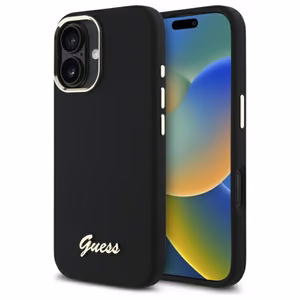 "Guess" silikoninis "iPhone 16 Plus" korpusas su metaliniu logotipu ir rėmeliu - juodas