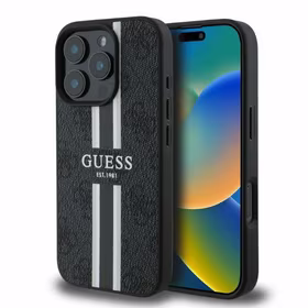 Guess 4G dryžuotas magnetinis dėklas telefonui iPhone 16 Pro Max - juoda