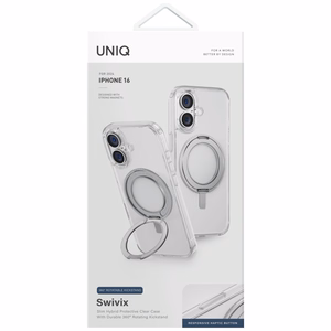 Uniq Swivix 360 sukamas stovas dėklas telefonui iPhone 16 - skaidrus