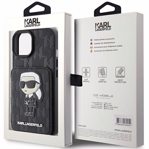 Karl Lagerfeld Saffiano Cardslots and Stand Monogram Ikonik Patch Dėklas telefonui iPhone 15 - juodas