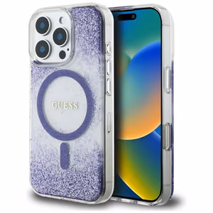 Guess HC dervos dugno blizgus magnetinis dėklas iPhone 16 Pro Max - violetinis