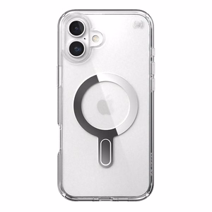 Speck Presidio Perfect-Clear dėklas su MagSafe ir ClickLock, skirtas iPhone 16 Plus, „Clear/Chrome“