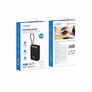 Išorinė baterija VEGER 30000 mAh su įmontuotu kabeliu Type C / Lightning PD QC3.0 35W K3 (W3018) juoda