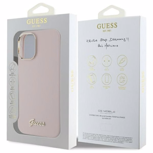 Guess Silikoninis Užrašas Metalinis Logo & Rėmelis iPhone 16 Plus Dėklas - rožinis