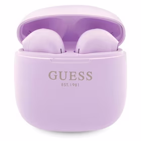 Guess GUTWST26PSU TWS Bluetooth ausinės + įkrovimo stotelė - violetinės Classic EST logotipas