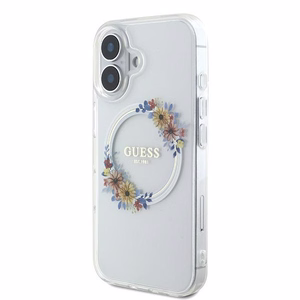 Guess IML Gėlių vainikas Magnetinis dėklas telefonui iPhone 16 Plus - skaidrus