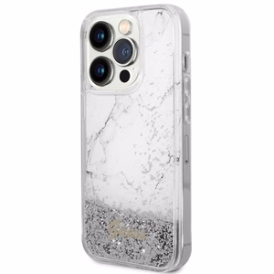 Guess GUHCP14LLCSGSGH iPhone 14 Pro 6.1" baltas kietas dėklas telefonui su skystu blizgučiu marmurinis