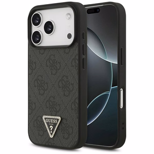 Guess Leather 4G Triangle Strass MagSafe dėklas iPhone 18 Pro / 17 Pro – juodas