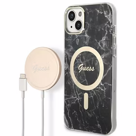 Rinkinys Guess GUBPP14SHMEACSK dėklas + įkroviklis iPhone 14 6.1" juodas/kietas dėklas Marmuras Magnetinis