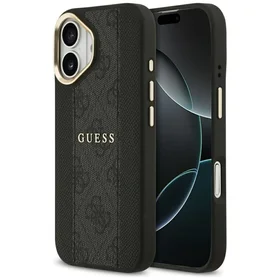 GUESS dėklas telefonui IPHONE 17, suderinamas su MagSafe GUHMP17SPG4SEMCK (PU W/ 4G Stripe) juodas