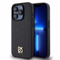 DKNY Odinis monogramos rašto metalinis logotipas Magnetinis dėklas iPhone 15 Pro - juoda