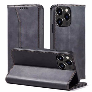 Magnet Fancy Case dėklas iPhone 14 Pro su flip dangčiu, pinigine ir stovu - juodos spalvos