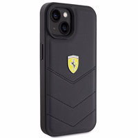 Ferrari dygsniuotas metalo logotipa dėklas iPhone 15 – juodas