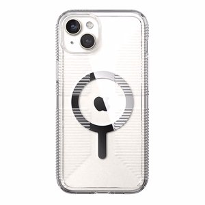 Speck GemShell Grip MagSafe dėklas, skirtas iPhone 15 Plus / 14 Plus, skaidrus su chromo spalvos akcentais