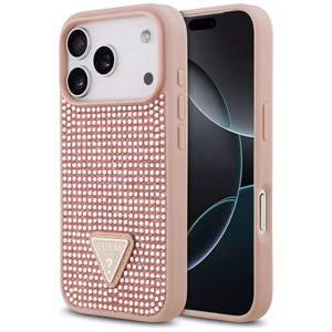 Guess dėklas telefonui iPhone 17 Pro su krištolinio trikampio logotipu - rožinis