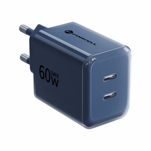 Telefono įkroviklis Forcell F-Energy GaN III Crystal Color, 2x USB C, AVS, SSFC3.0, 60W + silikoninis laidas USB C į USB C VT-60, tamsiai mėlynas