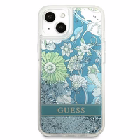 Guess GUHCP13SLFLSN iPhone 13 mini 5.4" žalias/žalias kietasis dėklas su gėlių skysčio blizgučiais