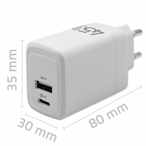 Qoltec 51825 GaN 45 W įkroviklis | 5–20 V | 1,5–3 A | 1 x USB-C PD | 1 x USB QC 3.0 | Baltas