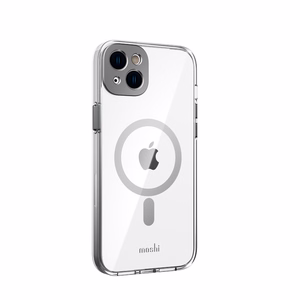 Moshi iGlaze dėklas, skirtas iPhone 14 Plus, suderinamas su MagSafe, skaidrus su „Meteorite Gray“ spalvos detalėmis