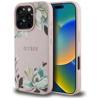 Guess Grained Printed Flower Pattern MagSafe dėklas telefonui iPhone 16 Pro rožinis