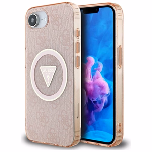 Guess IML Metal Glitter 4G Circle Triangle Magnetinis dėklas telefonui iPhone 16e - rožinis