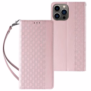 Magnetinis dirželio dėklas telefonui iPhone 14 Pro su atverčiamu dangteliu, mini pinigine, stovu ir dirželiu, rožinė