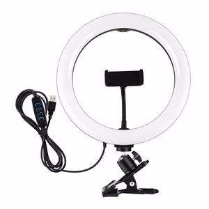 LED žiedinis šviestuvas 26cm su telefono laikikliu ir tvirtinimo spaustuvu, USB