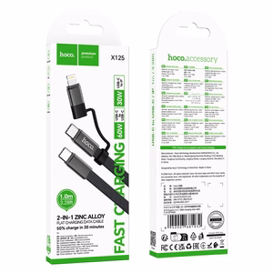 Plokščias laidas USB C į USB C/iP 2in1 Hoco 3A 60W 1 m X125 juodas